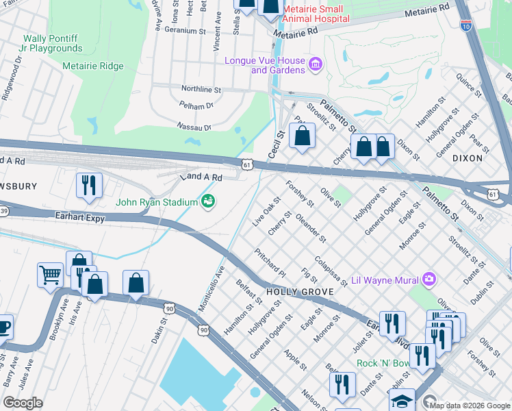 map of restaurants, bars, coffee shops, grocery stores, and more near 9413 Colapissa Street in New Orleans