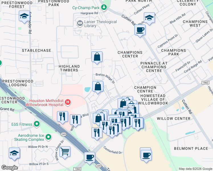 map of restaurants, bars, coffee shops, grocery stores, and more near 13555 Breton Ridge Street in Houston