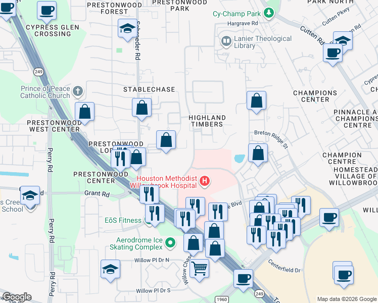 map of restaurants, bars, coffee shops, grocery stores, and more near 13407 Highland Park Court in Houston