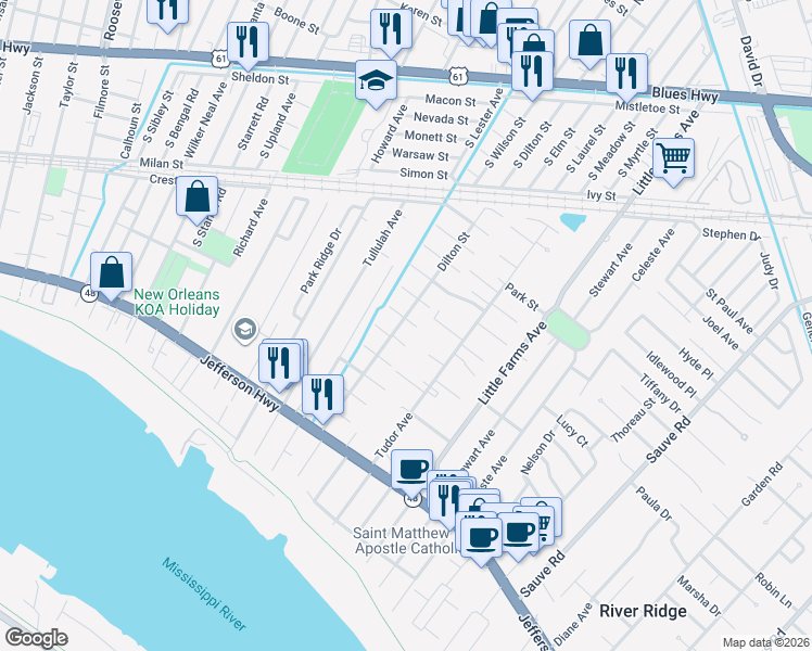map of restaurants, bars, coffee shops, grocery stores, and more near 617 Dilton Street in River Ridge