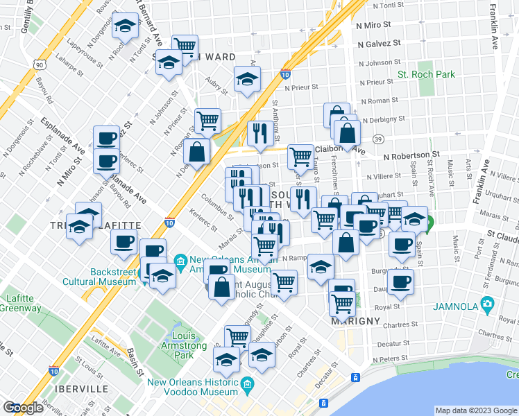 map of restaurants, bars, coffee shops, grocery stores, and more near 1338 Annette St in New Orleans