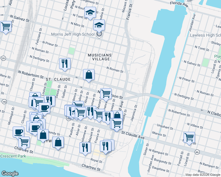 map of restaurants, bars, coffee shops, grocery stores, and more near 4220 North Claiborne Avenue in New Orleans