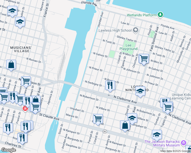 map of restaurants, bars, coffee shops, grocery stores, and more near 1750 Tennessee Street in New Orleans