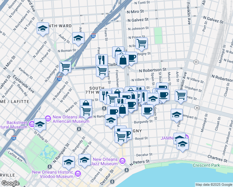 map of restaurants, bars, coffee shops, grocery stores, and more near 1222 Frenchmen Street in New Orleans