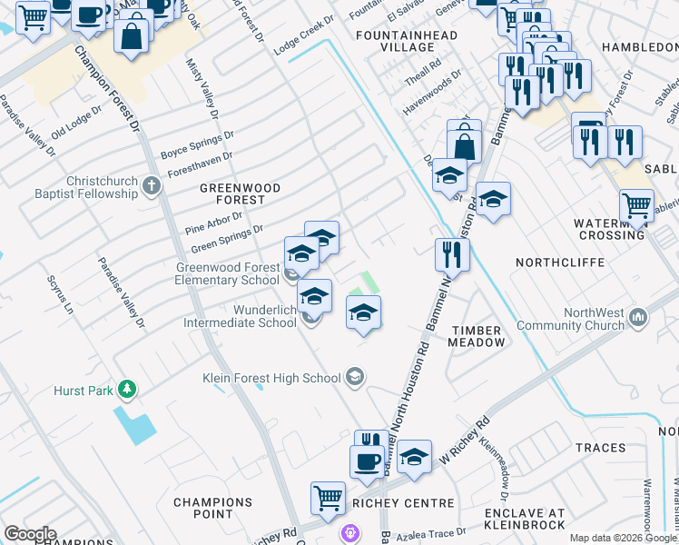map of restaurants, bars, coffee shops, grocery stores, and more near 12004 Mighty Oak Drive in Houston