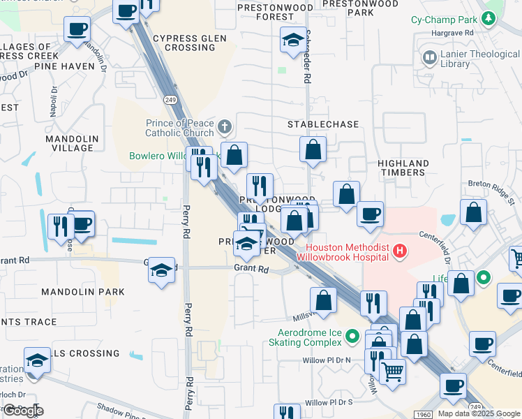 map of restaurants, bars, coffee shops, grocery stores, and more near 18830 Tomball Parkway in Houston
