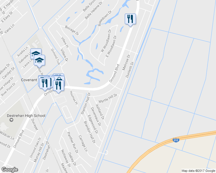 map of restaurants, bars, coffee shops, grocery stores, and more near 2116 Ormond Boulevard in Destrehan