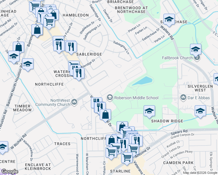 map of restaurants, bars, coffee shops, grocery stores, and more near 4159 Farmers Pass Road in Houston