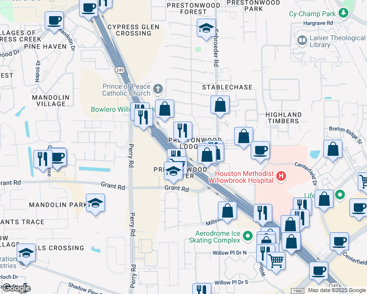 map of restaurants, bars, coffee shops, grocery stores, and more near 18830 Tomball Parkway in Houston