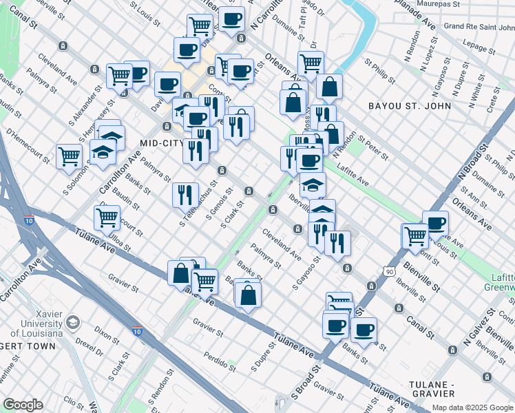 map of restaurants, bars, coffee shops, grocery stores, and more near 3402 Canal Street in New Orleans