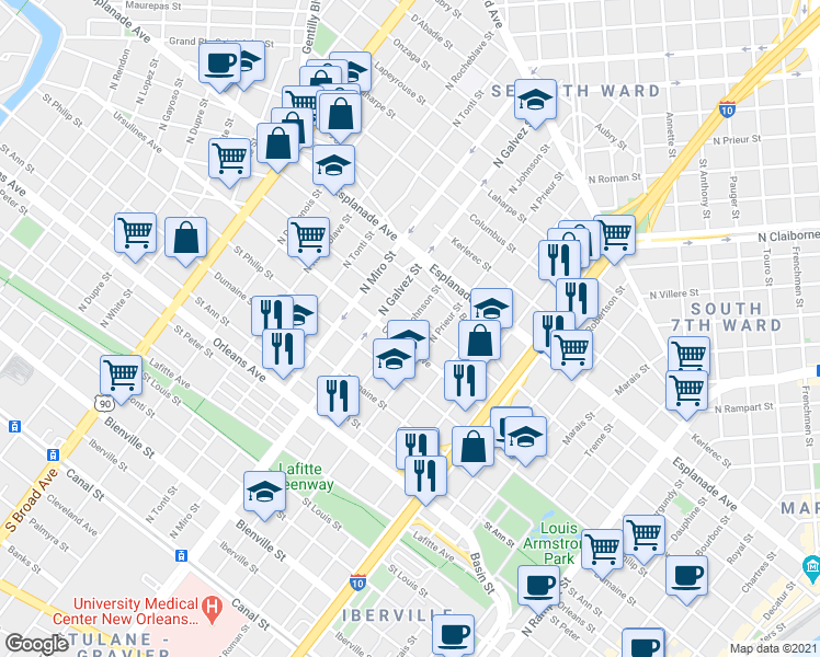 map of restaurants, bars, coffee shops, grocery stores, and more near 1120 North Johnson Street in New Orleans