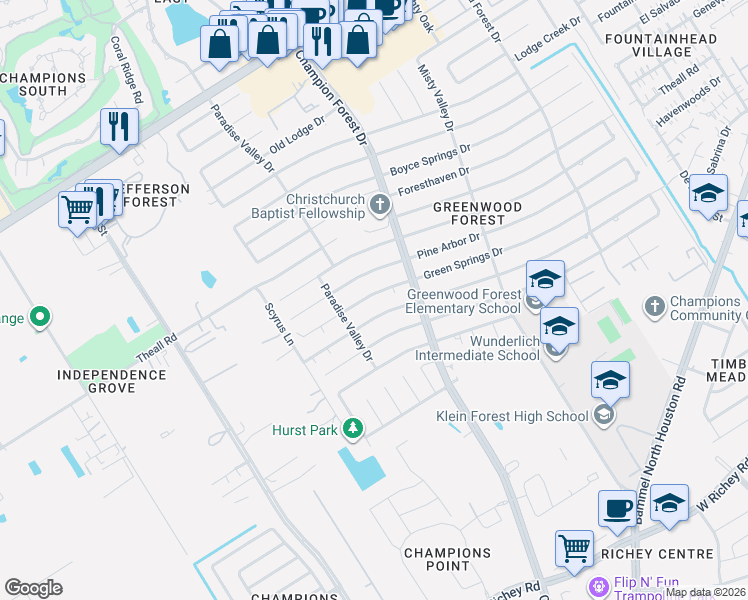 map of restaurants, bars, coffee shops, grocery stores, and more near 5723 Green Springs Drive in Houston