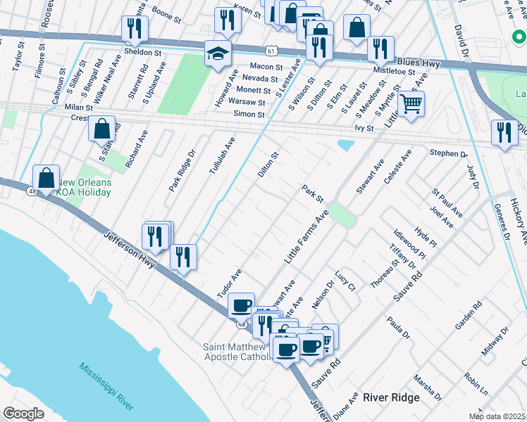 map of restaurants, bars, coffee shops, grocery stores, and more near 10515 Alan Street in River Ridge