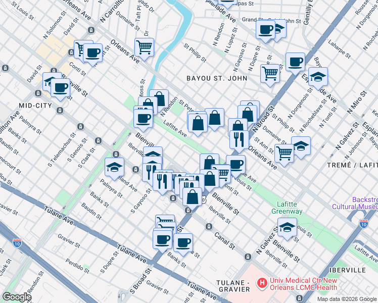 map of restaurants, bars, coffee shops, grocery stores, and more near 416 North Dupre Street in New Orleans