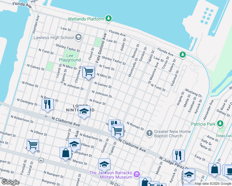 map of restaurants, bars, coffee shops, grocery stores, and more near 2024 Benton Street in New Orleans