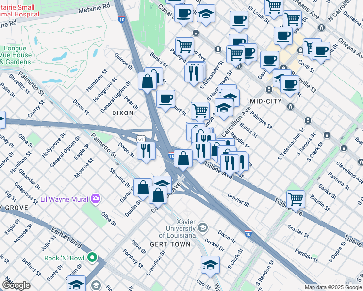 map of restaurants, bars, coffee shops, grocery stores, and more near 4225 Tulane Avenue in New Orleans