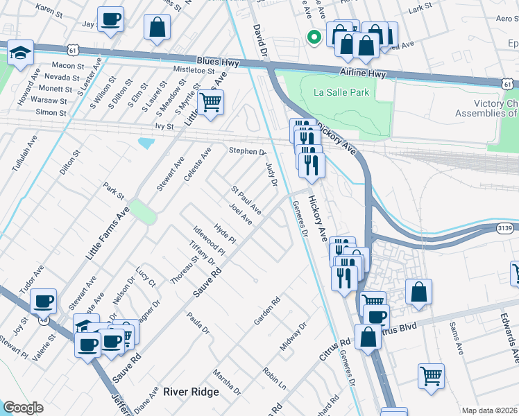map of restaurants, bars, coffee shops, grocery stores, and more near 10013 Saint Paul Avenue in River Ridge