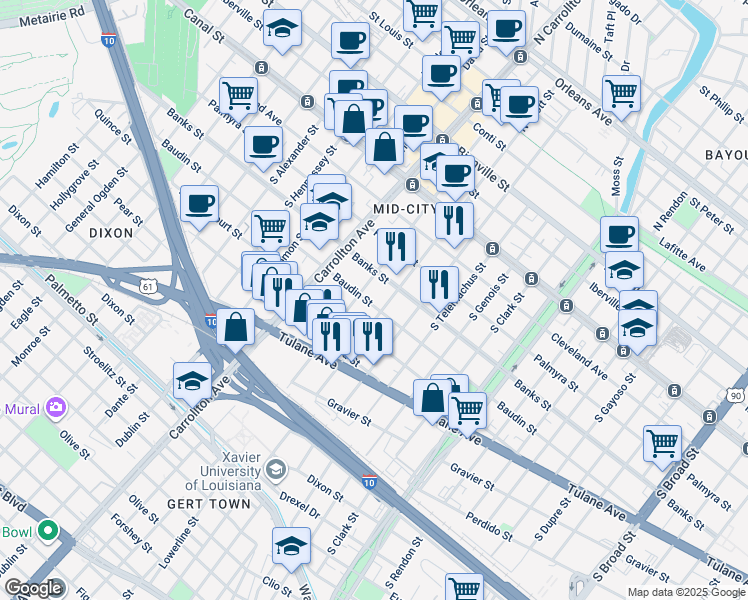 map of restaurants, bars, coffee shops, grocery stores, and more near 3917 Baudin Street in New Orleans