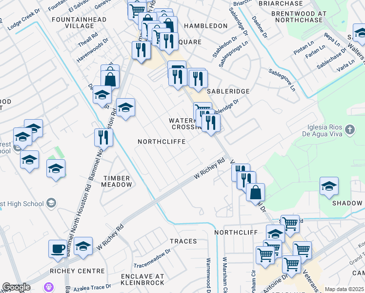 map of restaurants, bars, coffee shops, grocery stores, and more near 4106 Stonehenge Trail in Houston