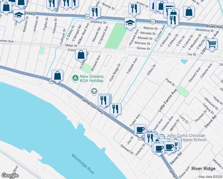 map of restaurants, bars, coffee shops, grocery stores, and more near 304 Park Ridge Drive in River Ridge