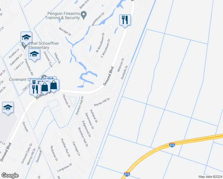 map of restaurants, bars, coffee shops, grocery stores, and more near 40 Melrose Drive in Destrehan