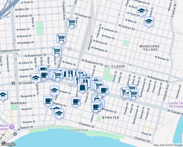 map of restaurants, bars, coffee shops, grocery stores, and more near 1320 Clouet Street in New Orleans