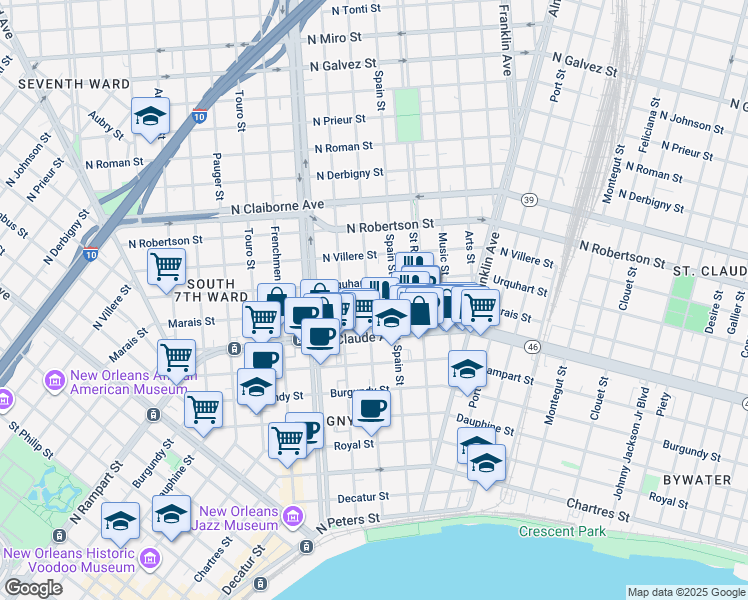 map of restaurants, bars, coffee shops, grocery stores, and more near 1209 Mandeville St in New Orleans