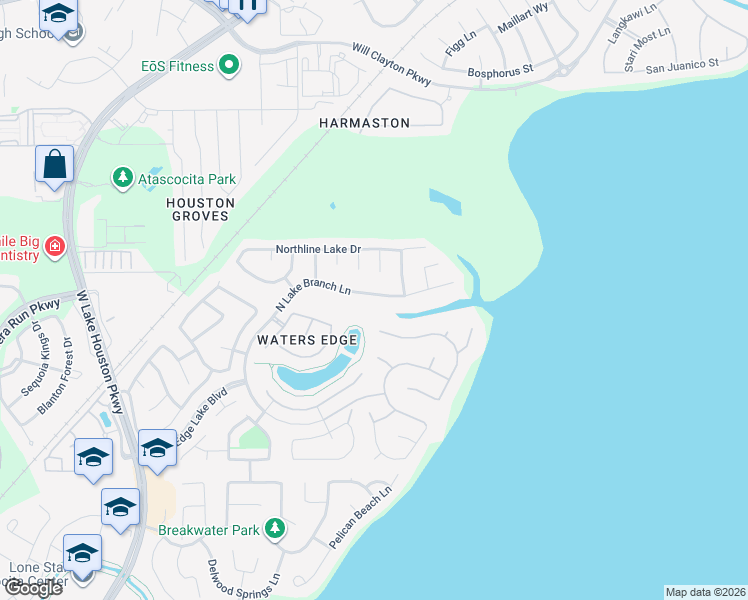 map of restaurants, bars, coffee shops, grocery stores, and more near 13912 North Lake Branch Lane in Houston