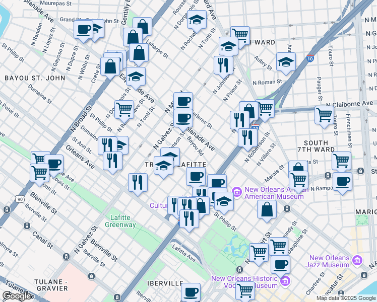 map of restaurants, bars, coffee shops, grocery stores, and more near 1216 North Prieur Street in New Orleans