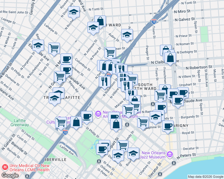 map of restaurants, bars, coffee shops, grocery stores, and more near 1418 Columbus Street in New Orleans
