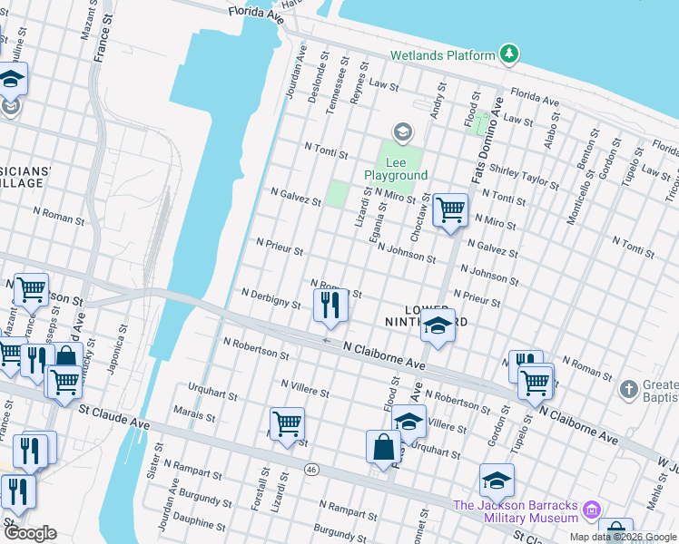 map of restaurants, bars, coffee shops, grocery stores, and more near 1828 Lizardi Street in New Orleans