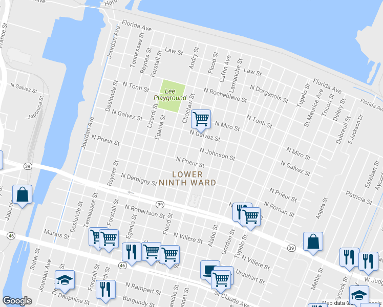 map of restaurants, bars, coffee shops, grocery stores, and more near 1925 Flood Street in New Orleans