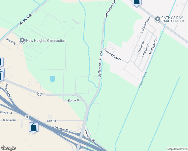 map of restaurants, bars, coffee shops, grocery stores, and more near 2300 Jefferson Terrace Boulevard in New Iberia