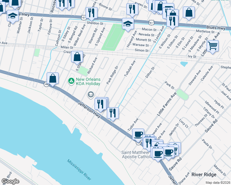 map of restaurants, bars, coffee shops, grocery stores, and more near 504 Tullulah Avenue in River Ridge