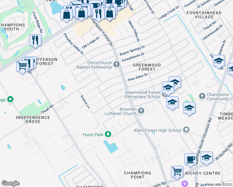 map of restaurants, bars, coffee shops, grocery stores, and more near 5723 Green Springs Drive in Houston