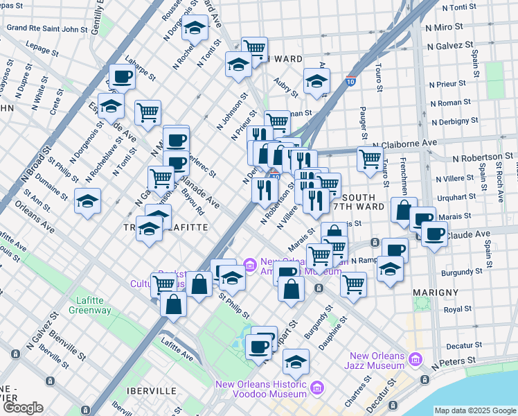 map of restaurants, bars, coffee shops, grocery stores, and more near 1442 North Claiborne Avenue in New Orleans