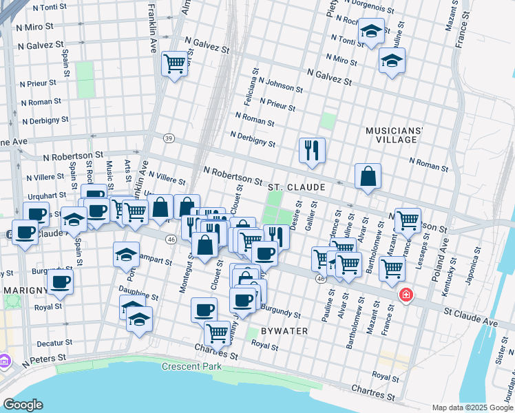 map of restaurants, bars, coffee shops, grocery stores, and more near 3150 North Villere Street in New Orleans