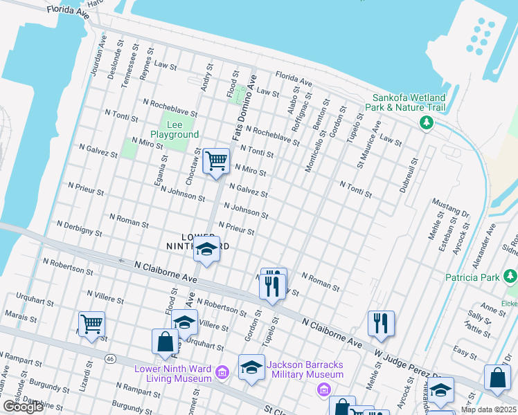 map of restaurants, bars, coffee shops, grocery stores, and more near 2011 Charbonnet Street in New Orleans