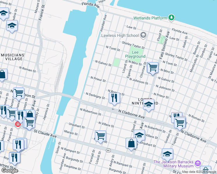 map of restaurants, bars, coffee shops, grocery stores, and more near 5011 North Roman Street in New Orleans