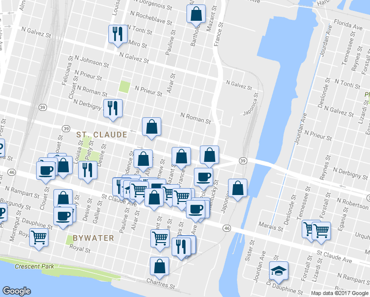 map of restaurants, bars, coffee shops, grocery stores, and more near 1517 Mazant Street in New Orleans