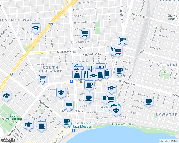 map of restaurants, bars, coffee shops, grocery stores, and more near 1209 Mandeville Street in New Orleans