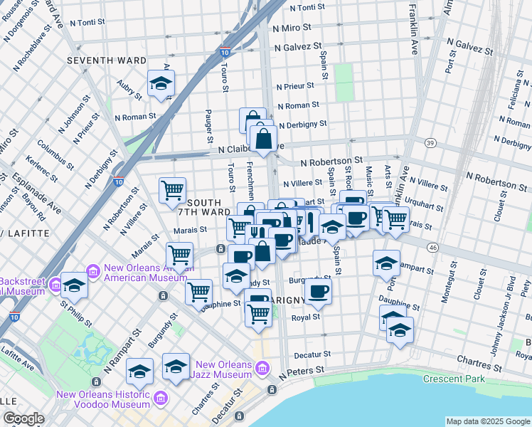 map of restaurants, bars, coffee shops, grocery stores, and more near 1204 Louisiana 46 in New Orleans