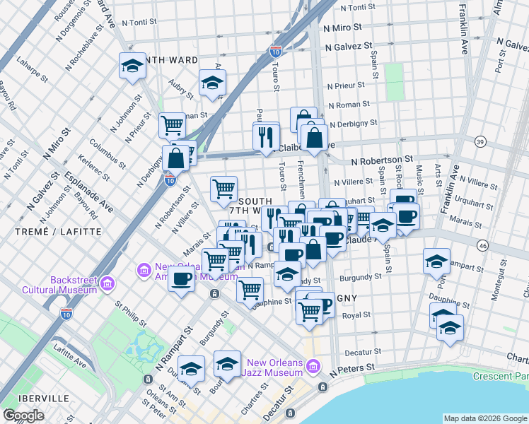 map of restaurants, bars, coffee shops, grocery stores, and more near 1916 Urquhart Street in New Orleans