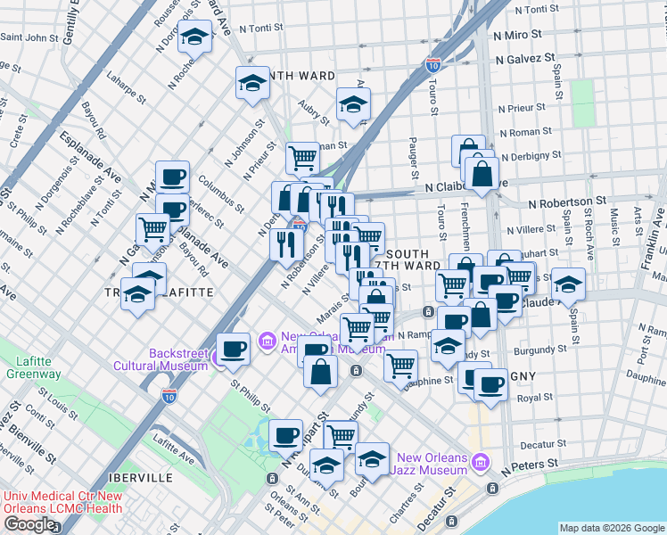 map of restaurants, bars, coffee shops, grocery stores, and more near 1348 Saint Bernard Avenue in New Orleans