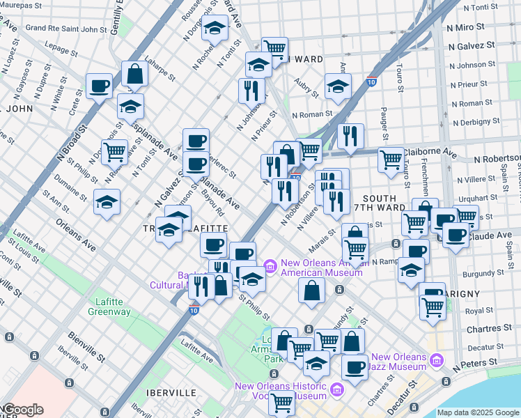 map of restaurants, bars, coffee shops, grocery stores, and more near 1621 Esplanade Avenue in New Orleans