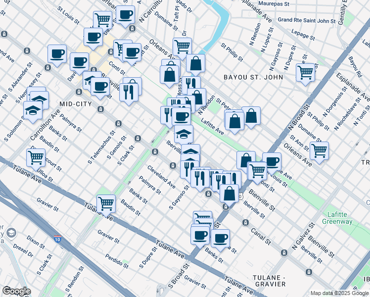 map of restaurants, bars, coffee shops, grocery stores, and more near 3219 Iberville Street in New Orleans