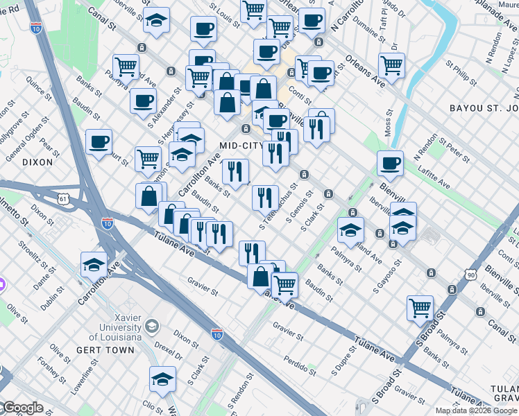 map of restaurants, bars, coffee shops, grocery stores, and more near 321 South Telemachus Street in New Orleans