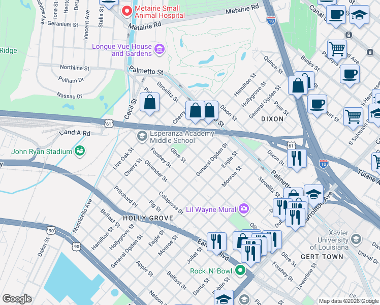 map of restaurants, bars, coffee shops, grocery stores, and more near 9016 Edinburgh Street in New Orleans