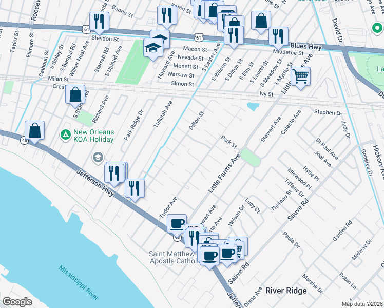 map of restaurants, bars, coffee shops, grocery stores, and more near 10515 Alan Street in River Ridge