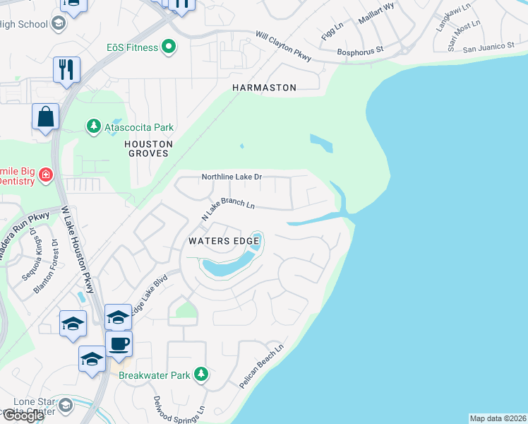 map of restaurants, bars, coffee shops, grocery stores, and more near 13912 North Lake Branch Lane in Houston